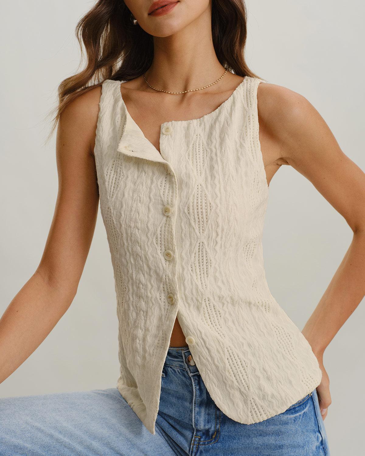Beige Boat Neck Button Tank Top Product Image