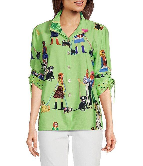 John Mark Novelty Dog Print Wire Collar Cinch Tie Sleeve Button Front Blouse Product Image