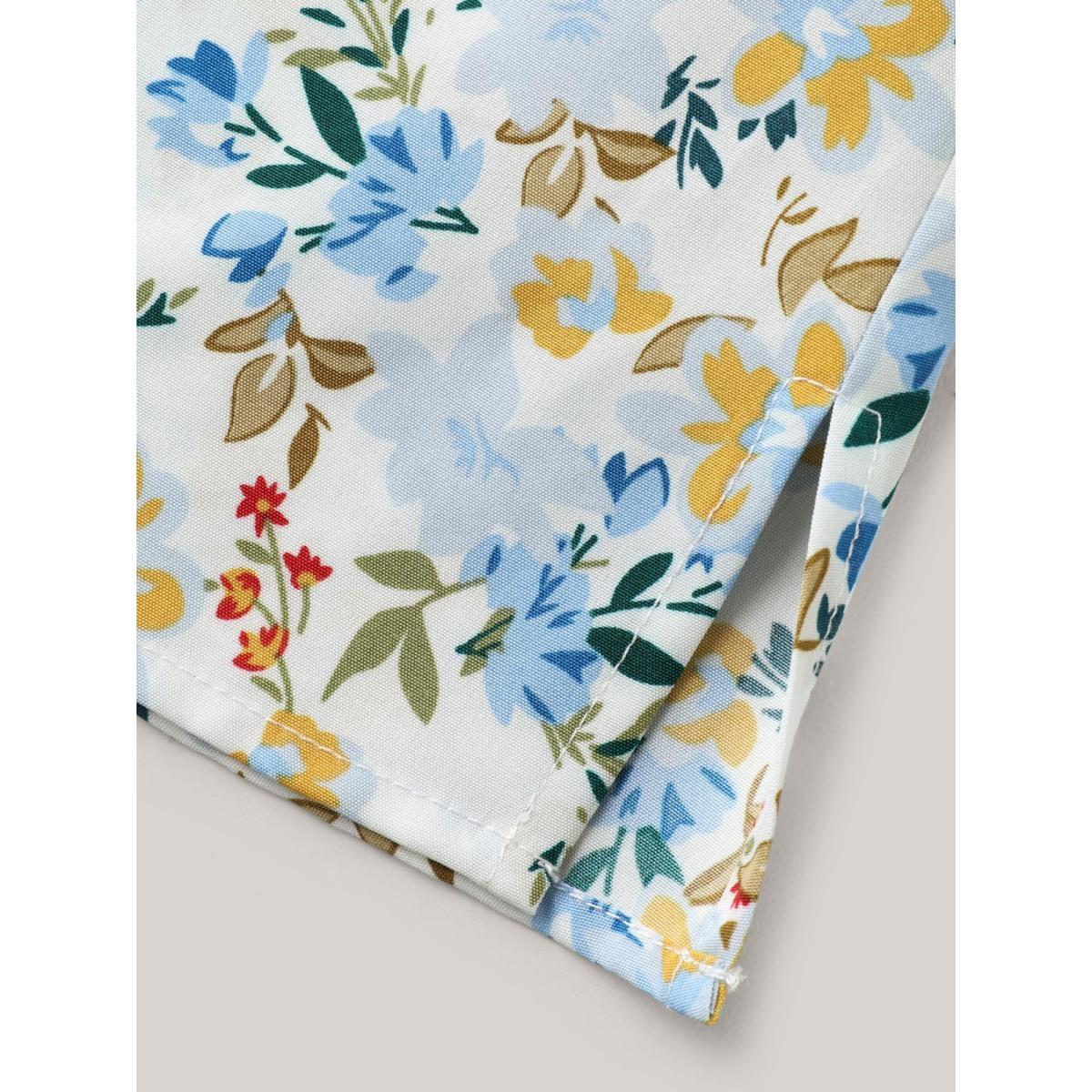 Plus Size LightBlue Floral Print Shirred Neck Blouse Women Leisure Short sleeve Flat collar Casual Blouses BloomChic 22-24/3X Product Image