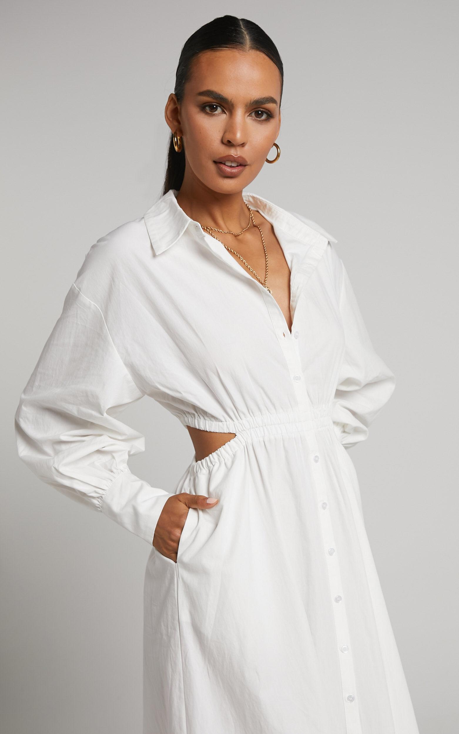 Merabelle Midi Dress - Side Cut Out Collared Long Sleeve Shirt Dress in White Product Image