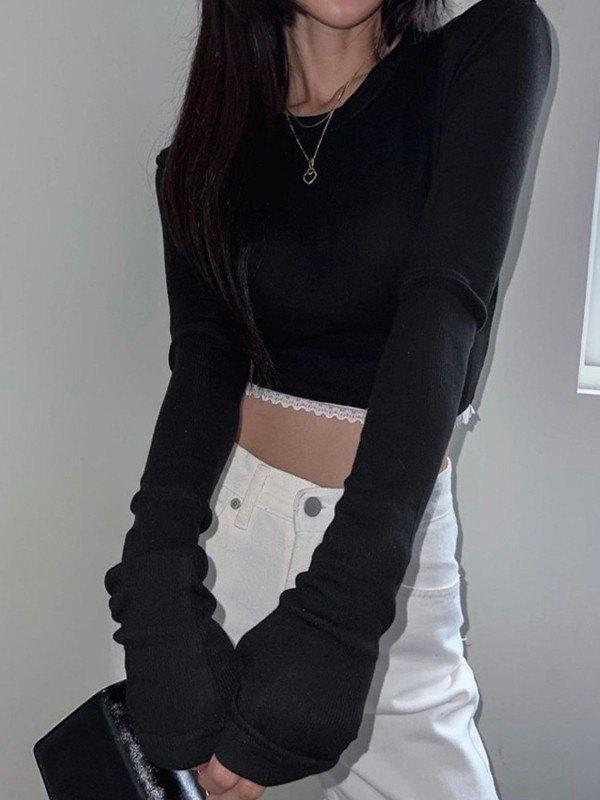 Lace Trim Padded Shoulder Ribbed Knit Crop Top Product Image
