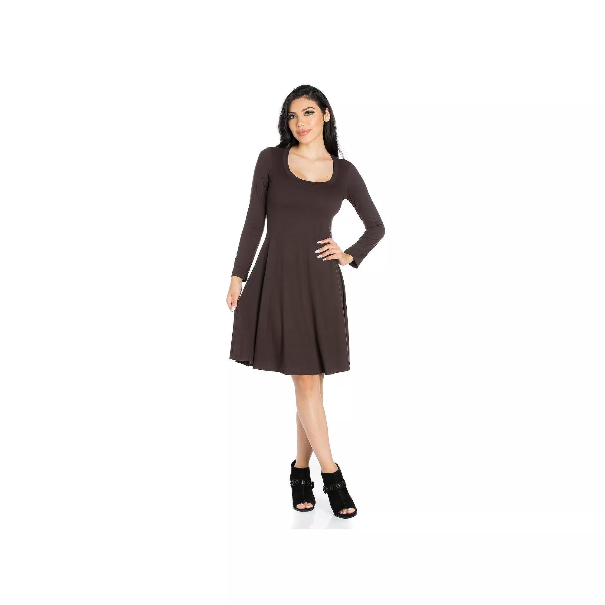 Women's 24seven Comfort Apparel Classic Scoopneck Long Sleeve Flared Mini Dress,  Product Image