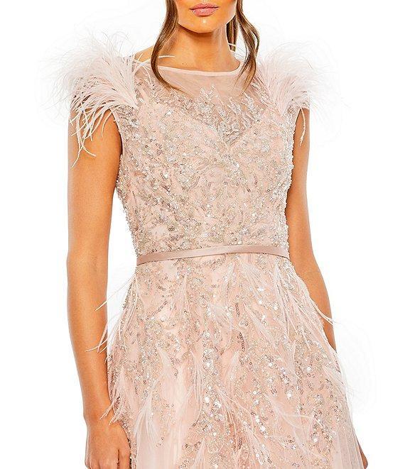 Mac Duggal Beaded Illusion Crew Neck Feather Cap Sleeve A-Line Gown Product Image