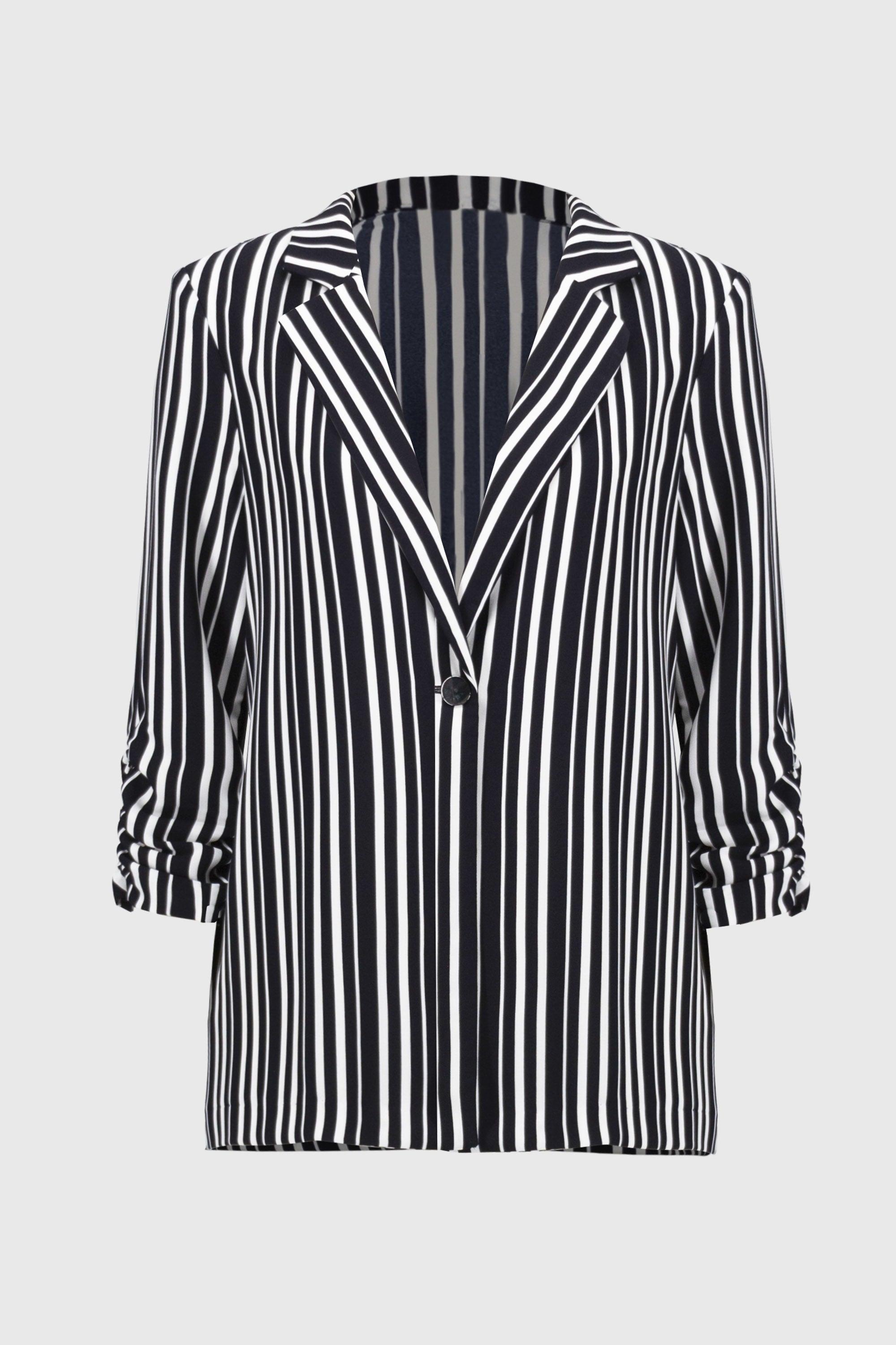 Woven Stripe Print Boxy Blazer- Midnight Blue/Vanilla Product Image