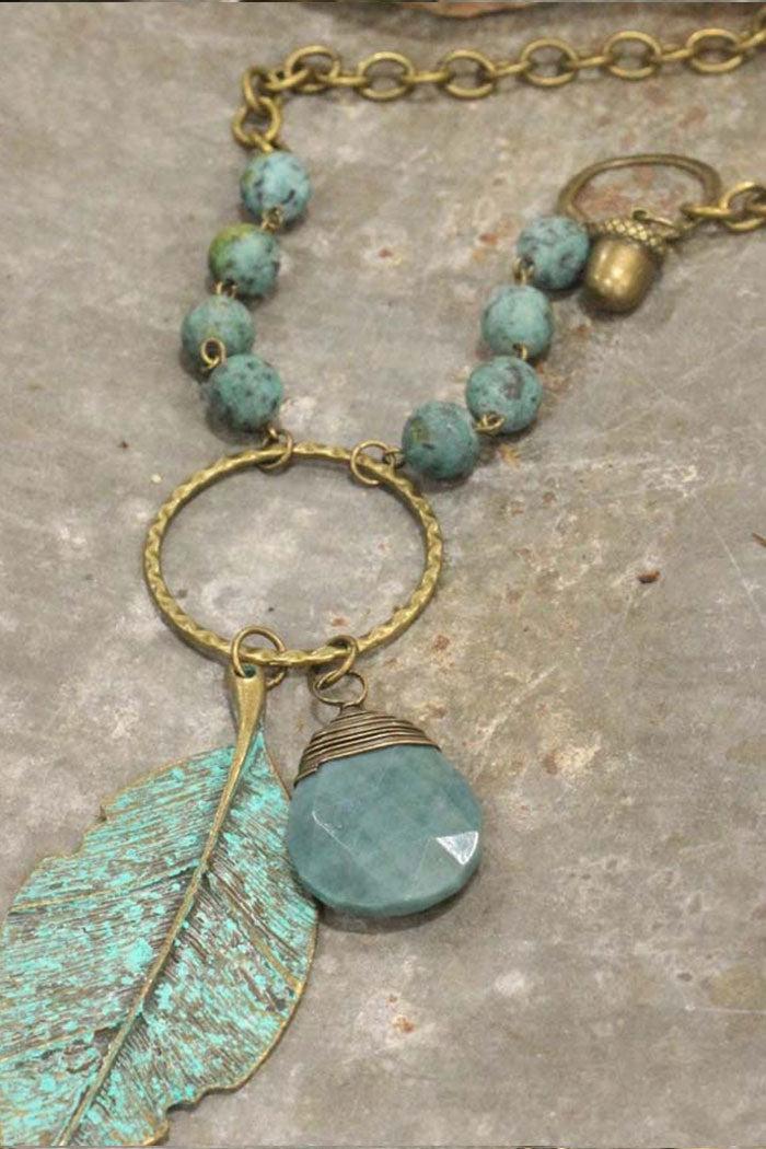 African Turquoise Beaded Rosary Leaf Drop Pendant Necklace Product Image