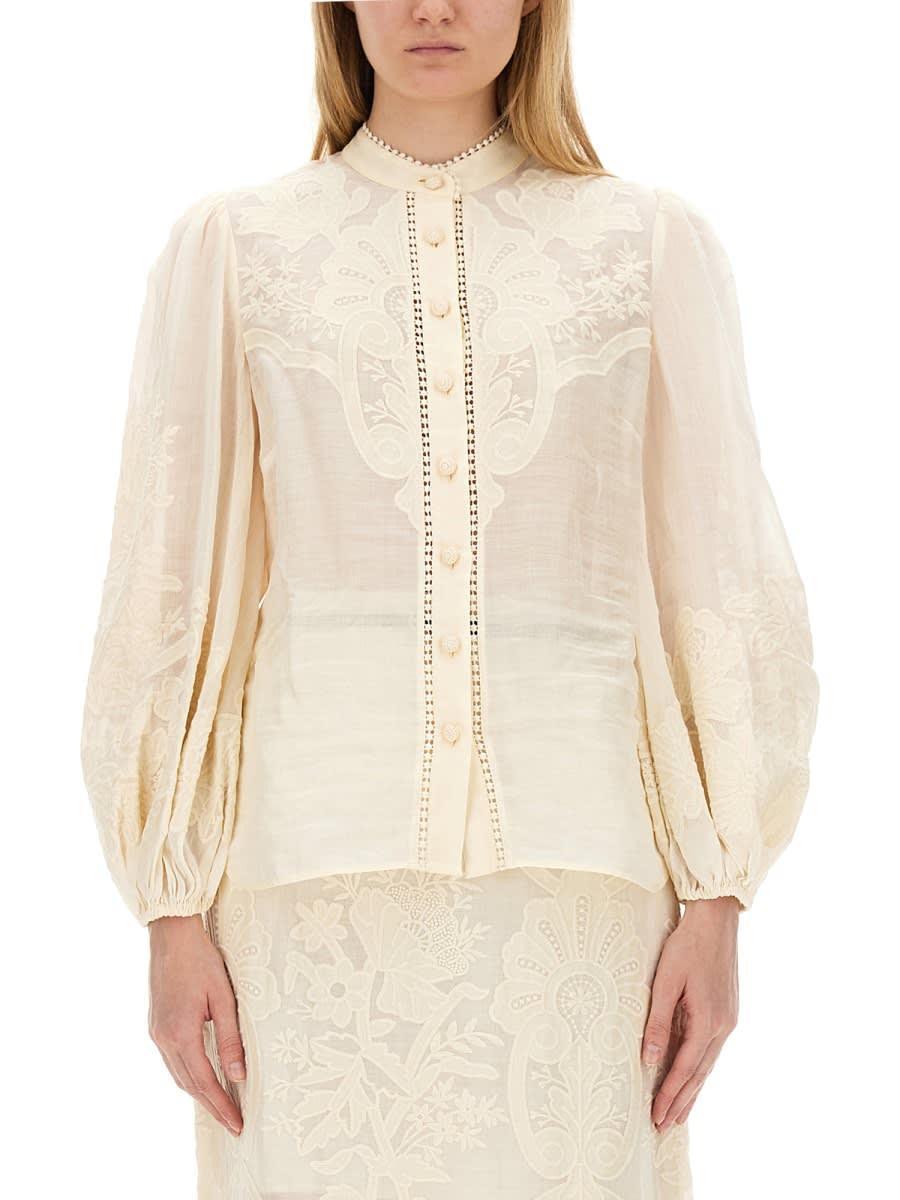 ZIMMERMANN Ottie Floral-embroidered Linen Shirt In Cream Product Image