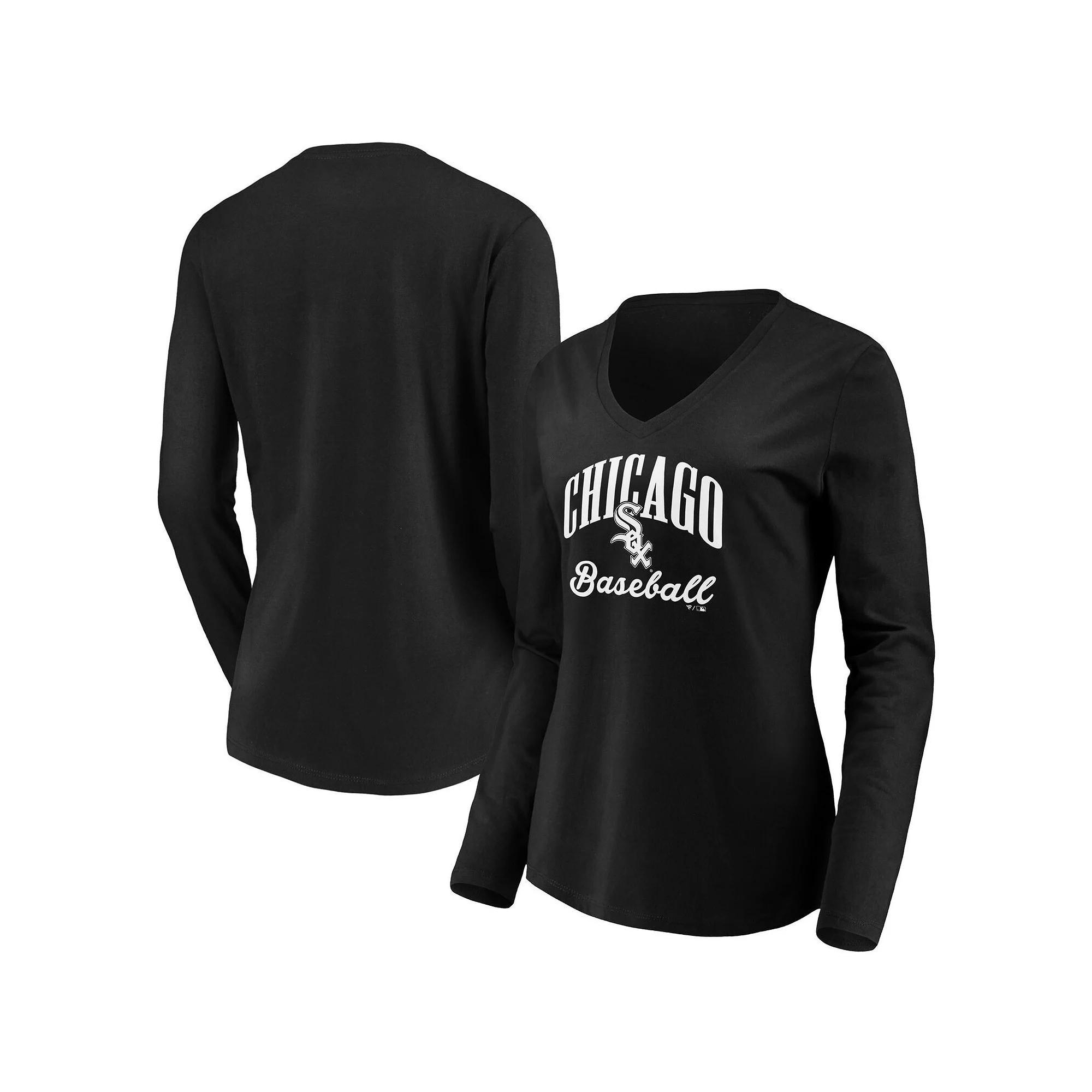 Women's Fanatics Branded Black Chicago White Sox Official Logo Long Sleeve V-Neck T-Shirt,  Product Image