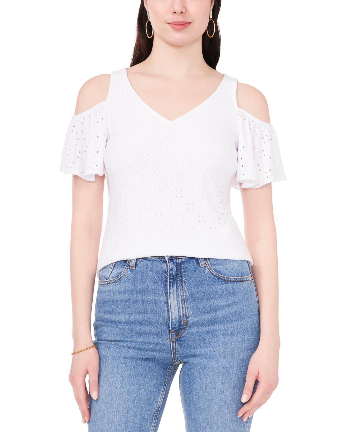 Sam & Jess Womens Cold-Shoulder Eyelet V-Neck Knit Top Product Image