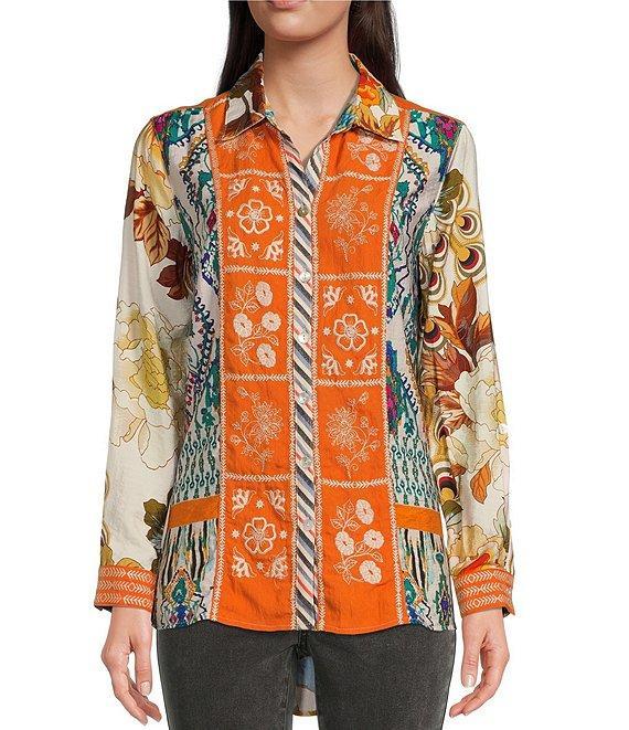 John Mark Point Collar Button Front Long Roll-Tab Sleeve Embroidered Panel Multi Print Tunic Product Image
