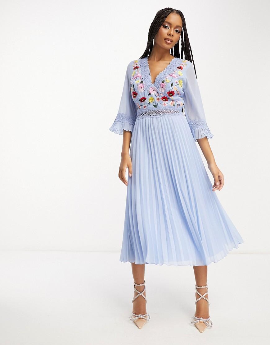 ASOS DESIGN lace insert pleated midi dress with embroidery Product Image