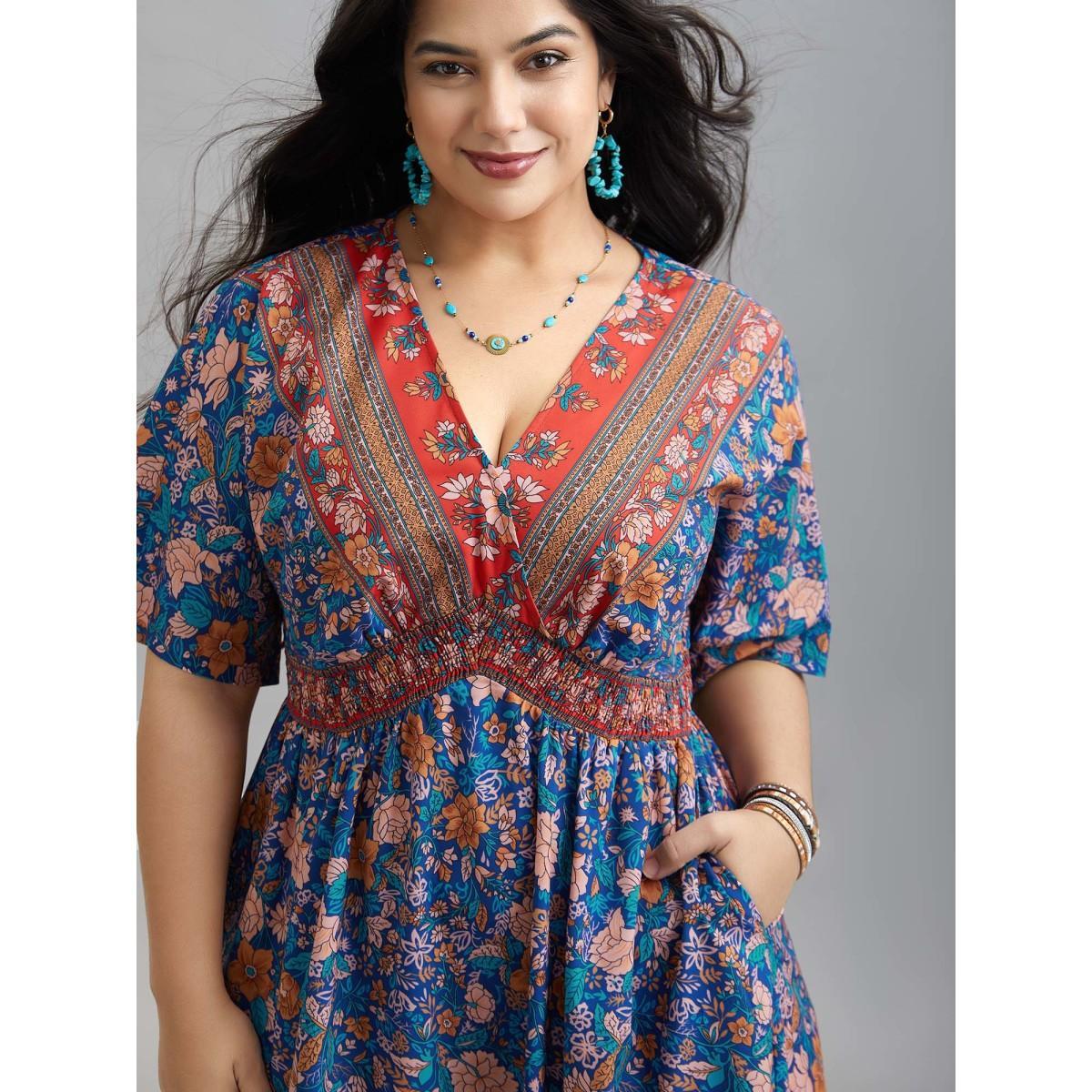 Plus Size Boho Print Ruffled Shirred V-Neck Maxi Dress Mediumblue Women Resort Shirred Overlap Collar Half Sleeve Curvy BloomChic 18-20/2X Product Image