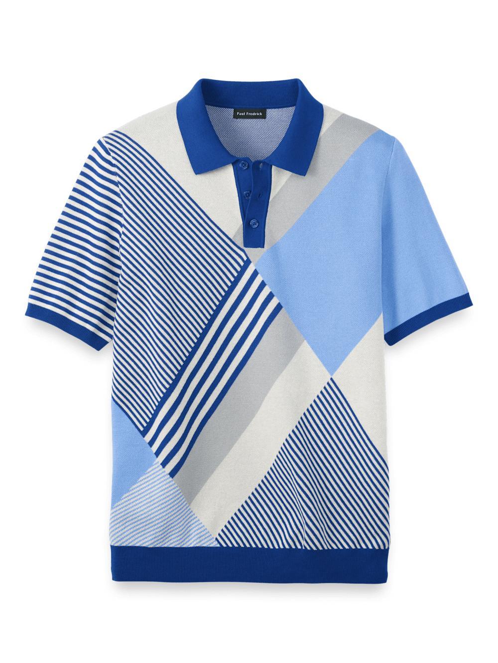 Cotton Three Button Polo - Blue Multi Product Image