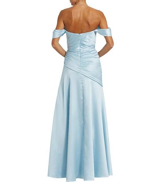 Mac Duggal Off-The-Shoulder Ruched Bodice Satin Charmeuse Drop Waist Gown Product Image