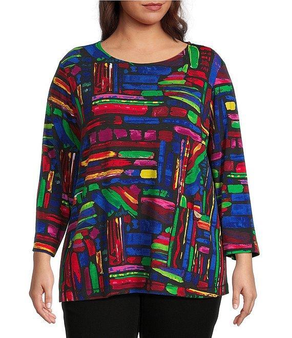 Ali Miles Plus Size Knit Brushstroke Print Round Neck 3/4 Sleeve Top Product Image