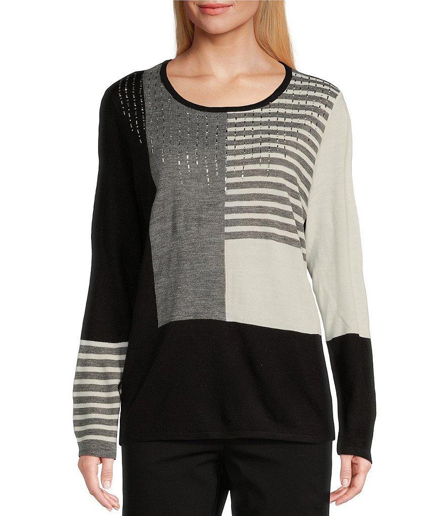 Allison Daley Long Sleeve Crew Neck Embellished Color Block Sweater Product Image