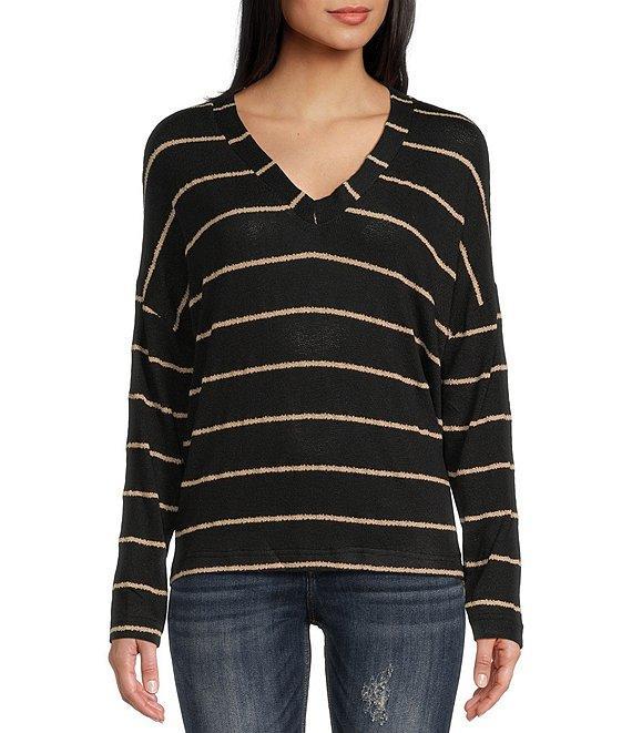 Blu Pepper Stripe V-Neck Drop Shoulder Long Sleeve Knit Top Product Image