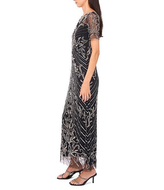 Pisarro Nights Mesh Short Sleeve Beaded Sheath Gown Product Image