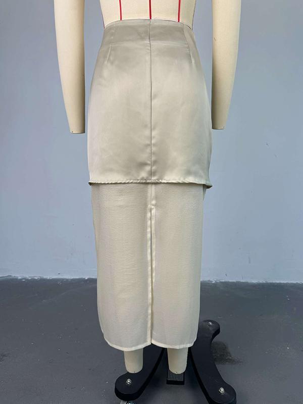 Loose Solid Color See-Through Long Sleeves Lapel Blouse + Skirt Two Pieces Set Product Image