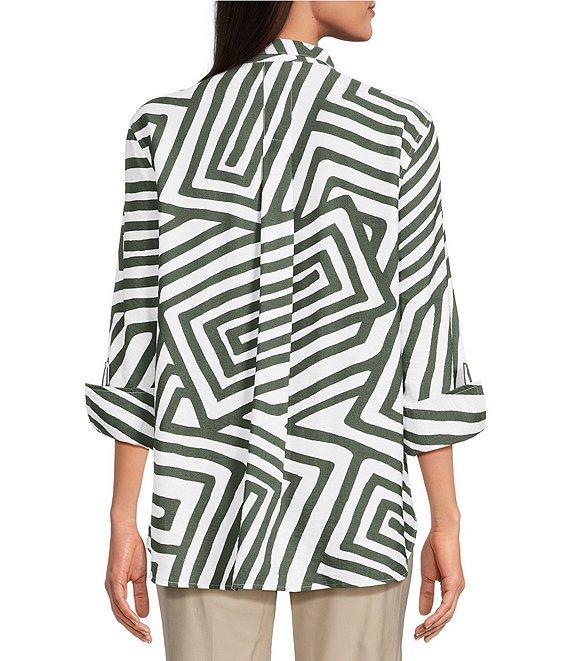 Ali Miles Woven Allover Abstract Print Wire Collar 3/4 Sleeve Hi-Low Hem Button Front Tunic Product Image