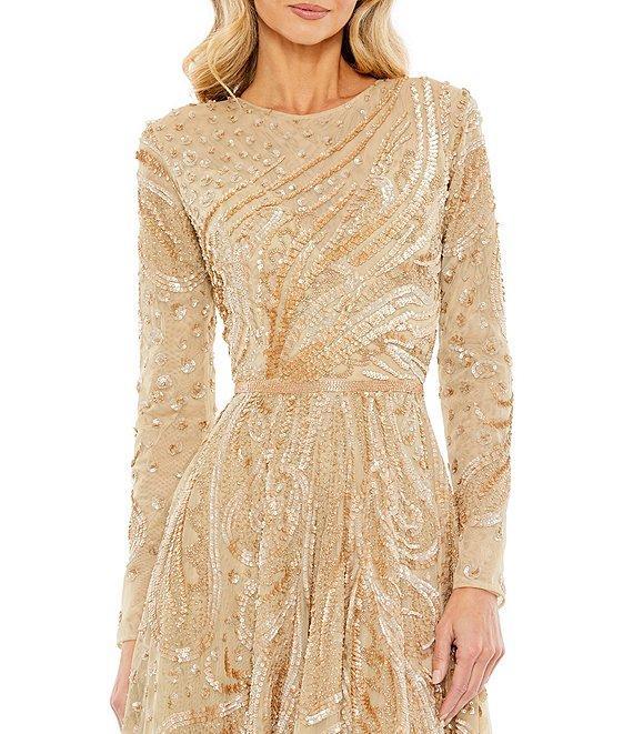 Mac Duggal Crew Neck Long Sleeve Beaded A-Line Midi Dress Product Image