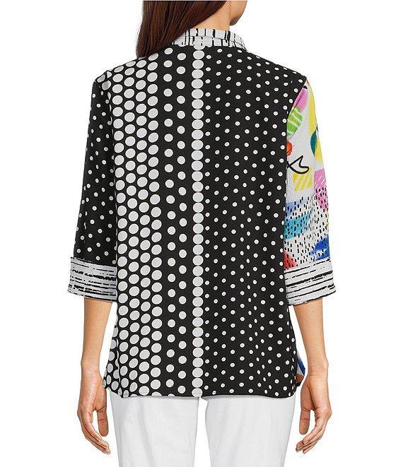 Ali Miles Petite Size Woven Abstract Print Wire Collar 3/4 Sleeve Button Front Tunic Product Image