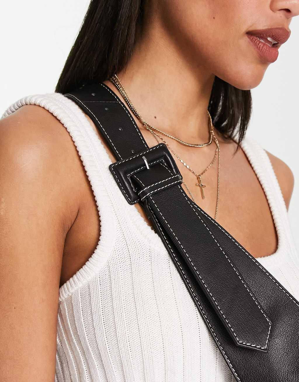 ASOS DESIGN leather curved base crossbody sling bag with contrast stitch in black Product Image