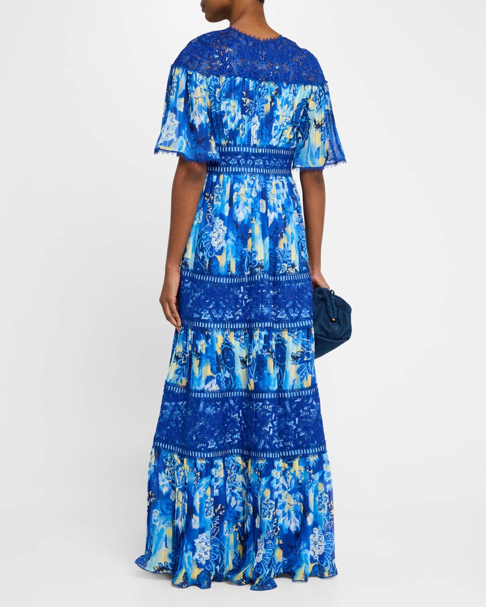 Tiered Lace-Trim Pleated Chiffon Gown Product Image