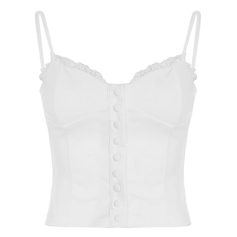 Lace-Trim Plain Button-Up Slim-Fit Crop Camisole Top Product Image