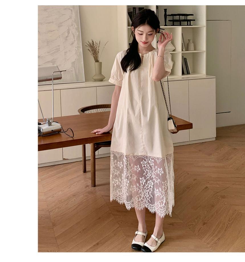 Maternity Short-Sleeve Round Neck Plain Lace Panel Midi A-Line Dress Product Image