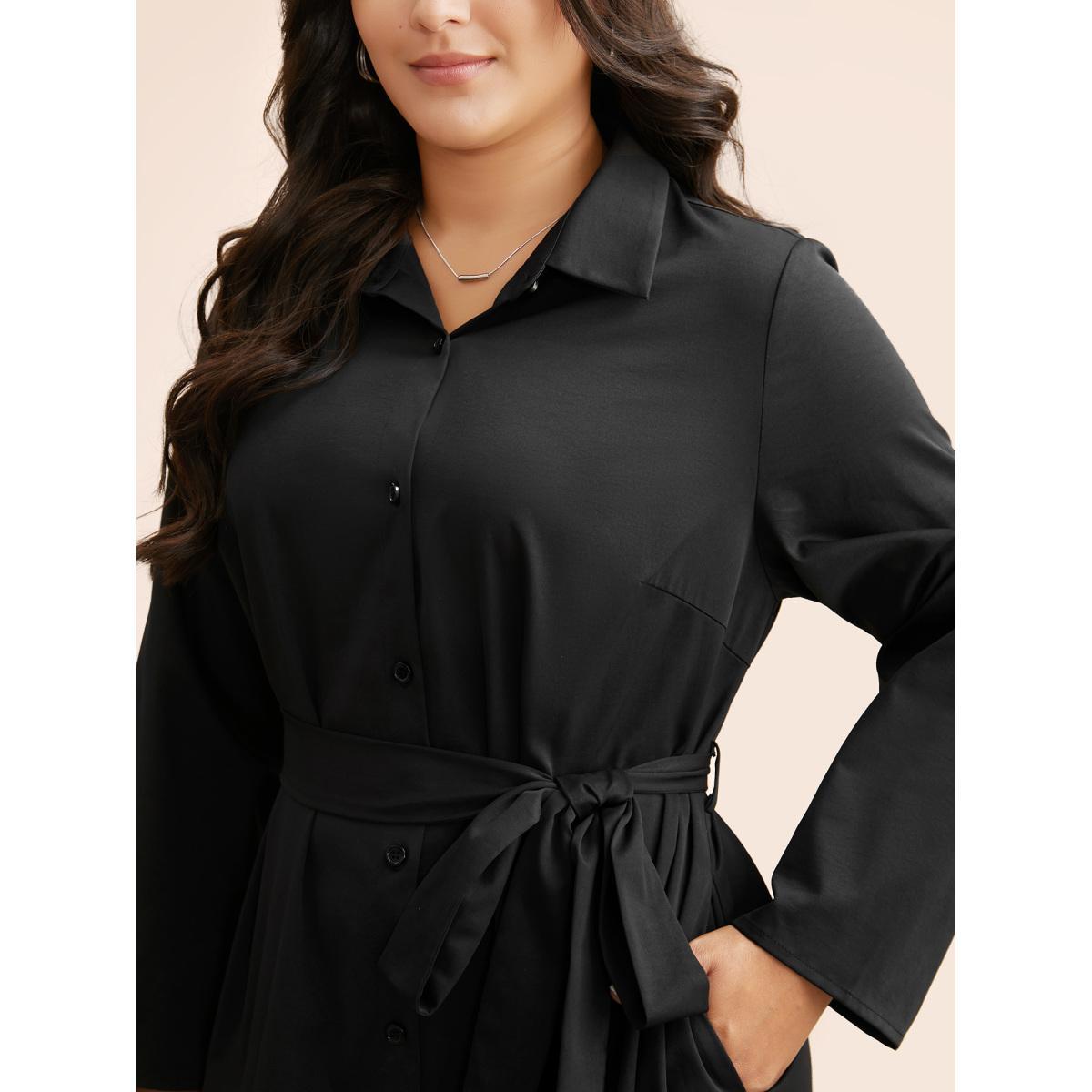 Plus Size Shirt Collar Curved Hem Midi Dress Black Women At the Office Belted Shirt collar Long Sleeve Curvy BloomChic 14-16/1X Product Image