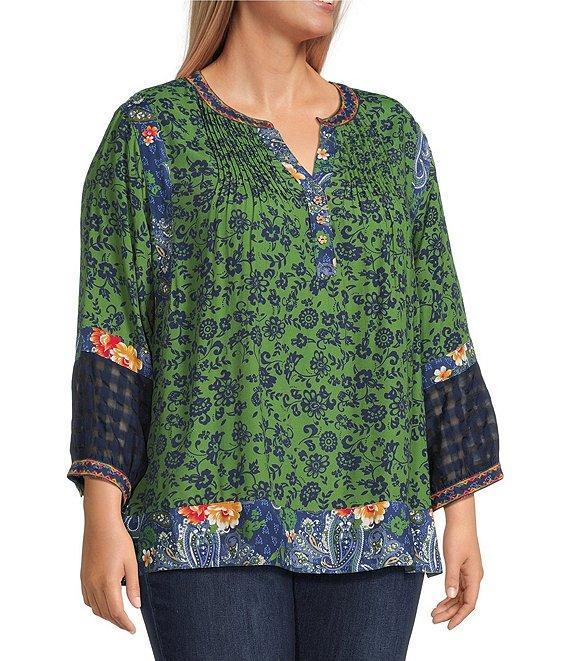John Mark Plus Size Embroidered Printed Y-Neck 3/4 Sleeve Pintuck Peasant Tunic Product Image