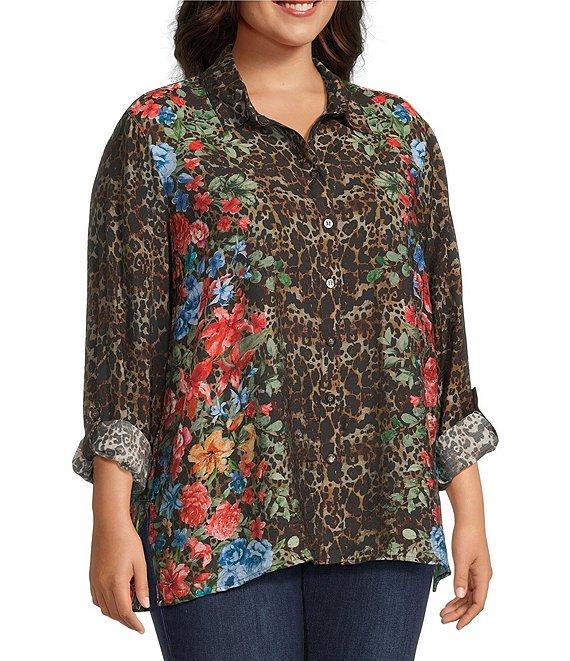 John Mark Plus Size Animal Skin Floral Multi Print Point Collar Long Roll-Tab Sleeve Button Front Tunic Product Image