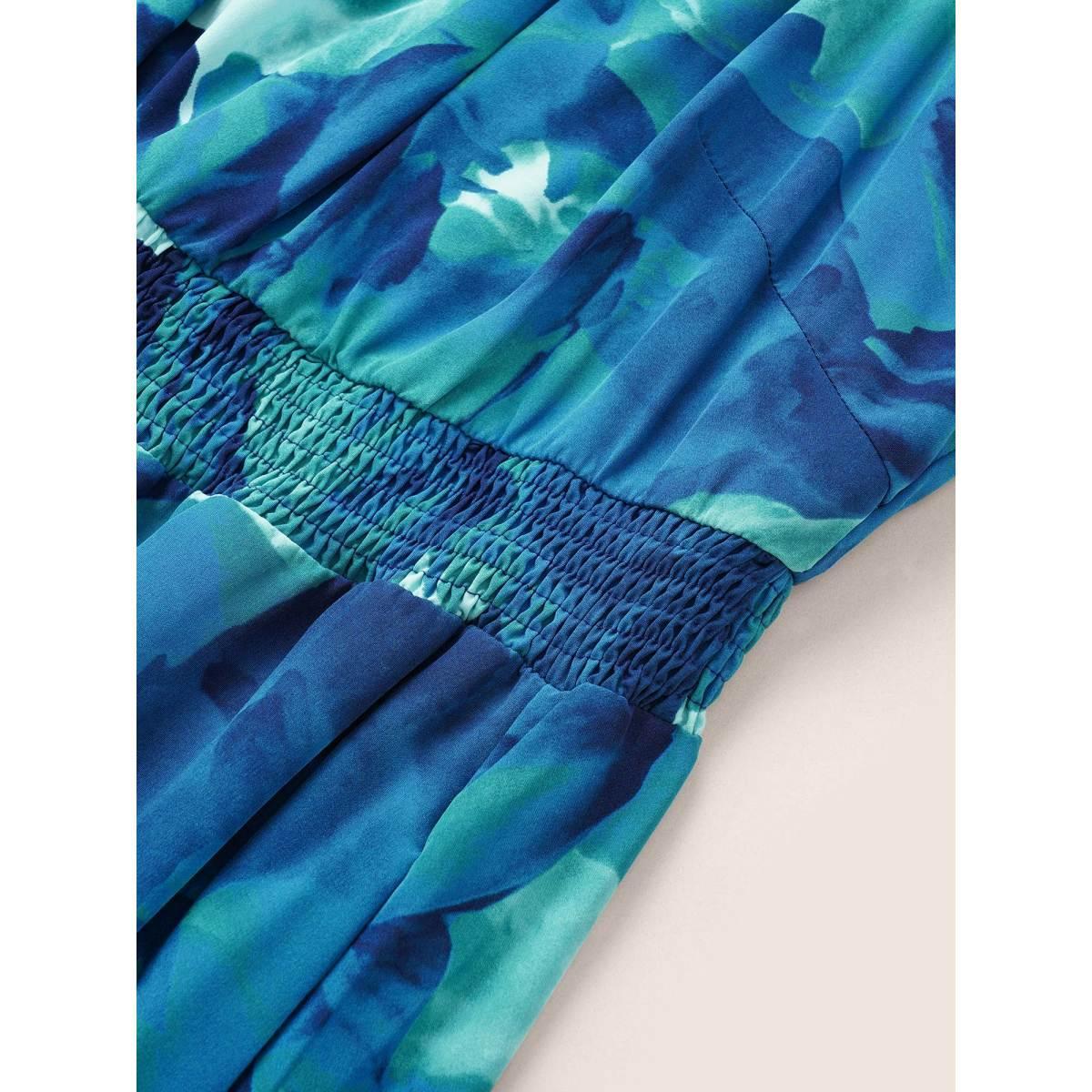 Plus Size Square Neck Floral Shirred Ruffle Sleeve Dress Blue Women Elegant Non Square Neck Short sleeve Curvy Midi Dress BloomChic 12/L Product Image