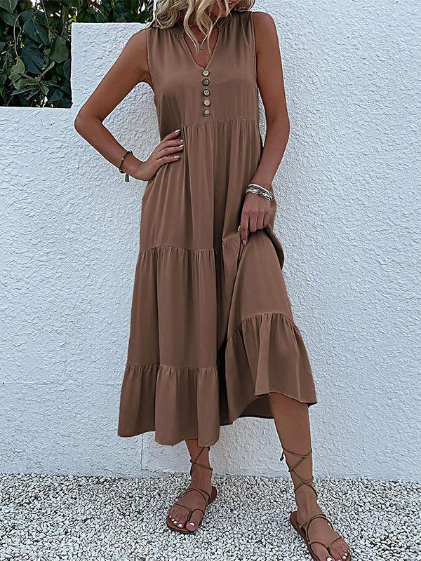 Loose Sleeveless Pleated Split-Joint V-Neck Midi Dresses Product Image