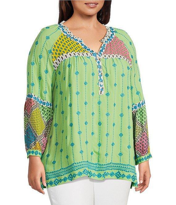John Mark Plus Size Embroidered Mix Print Split V-Neck Long Raglan Sleeve Tunic Product Image