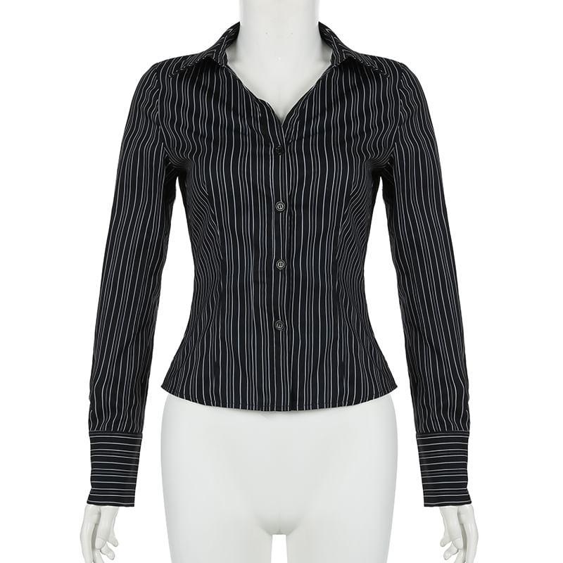 Long-Sleeve Collared Striped Button-Up Slim Fit Blouse Product Image