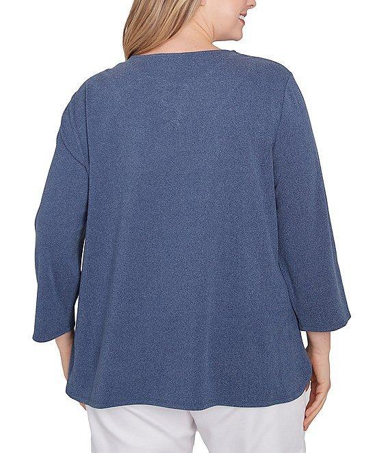 Ruby Rd. Plus Size Knit 3/4 Sleeve Split V-Neck Lacing Rib Top Product Image