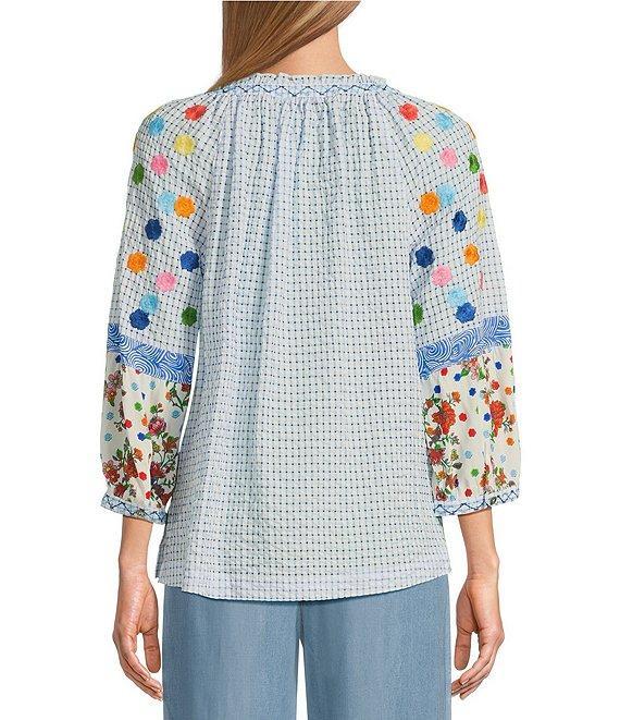 John Mark Embroidered Plaid Split V-Neck 3/4 Raglan Sleeve Tunic Product Image