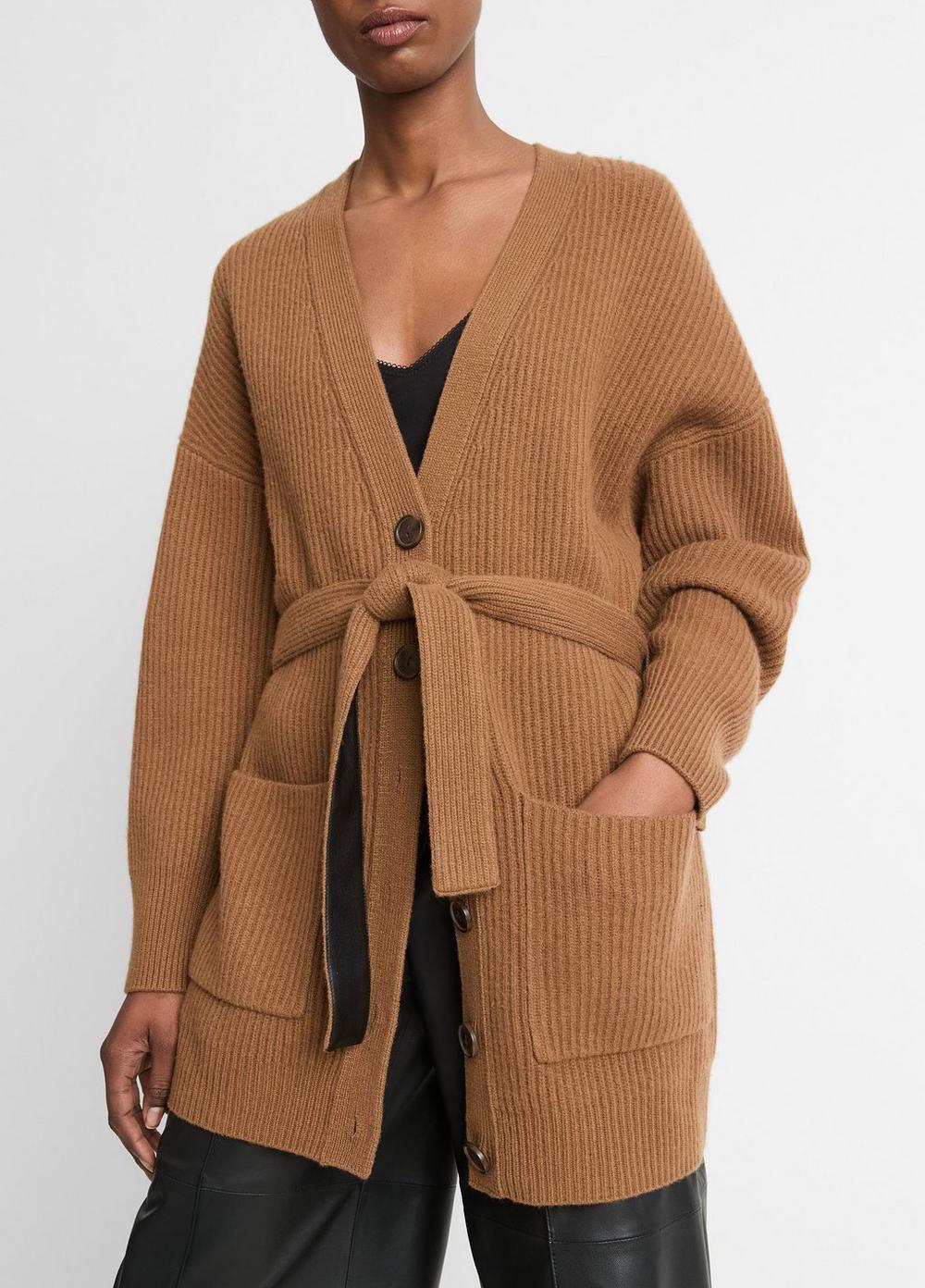 Faux-Leather-Trim Ribbed Wool-Cashmere Cardigan Product Image