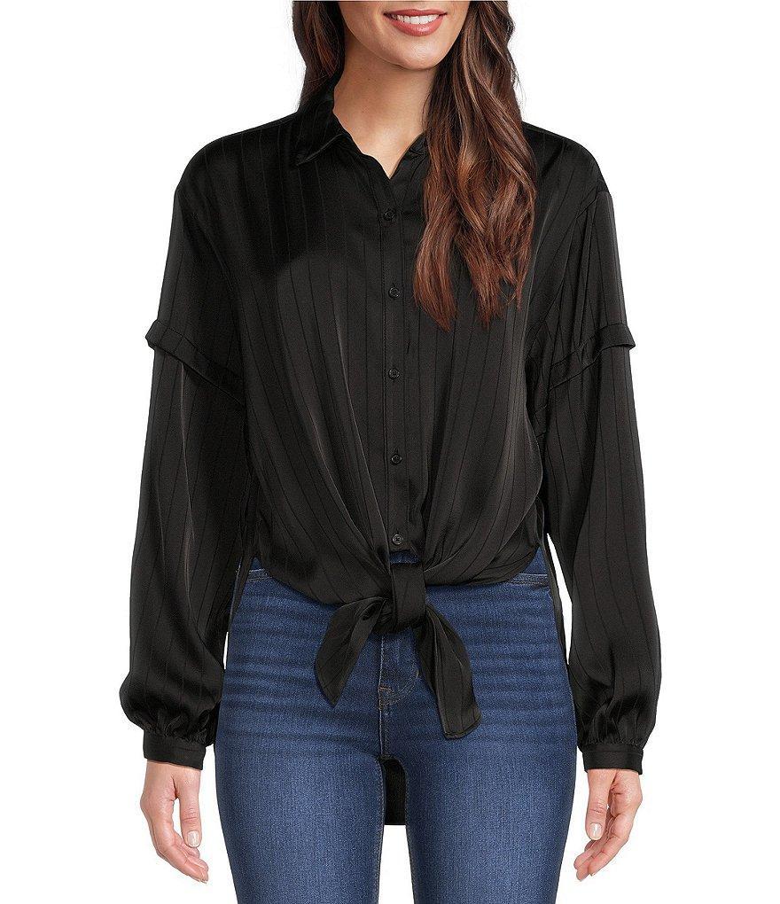 DKNY by Donna Karan Jacquard Point Collar Long Sleeve Tie Front Blouse Product Image