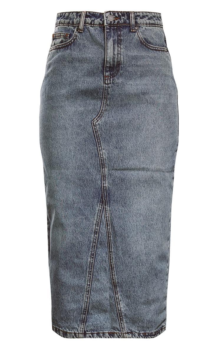  Acid Blue Wash Denim Split Back Midi Skirt Product Image