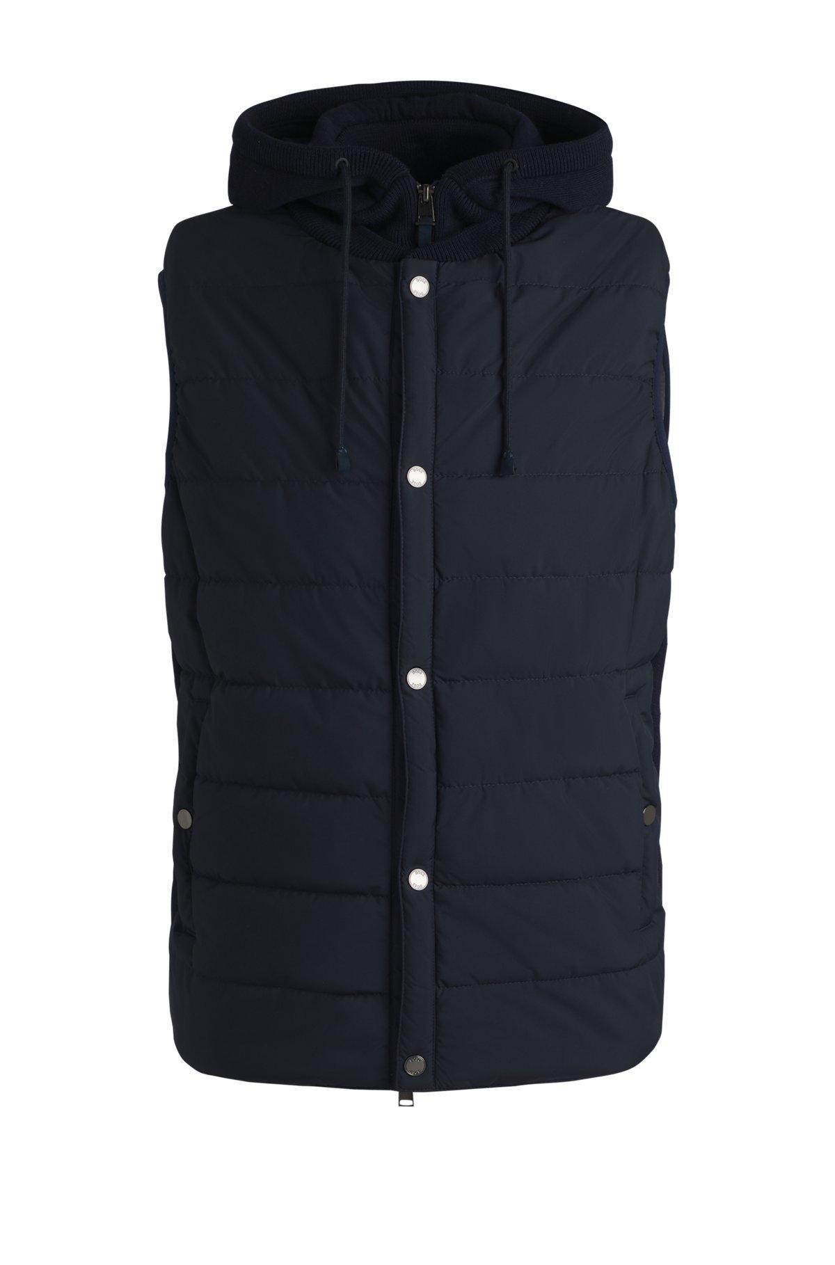 Hooded gilet in wool with down-blend front panel Product Image