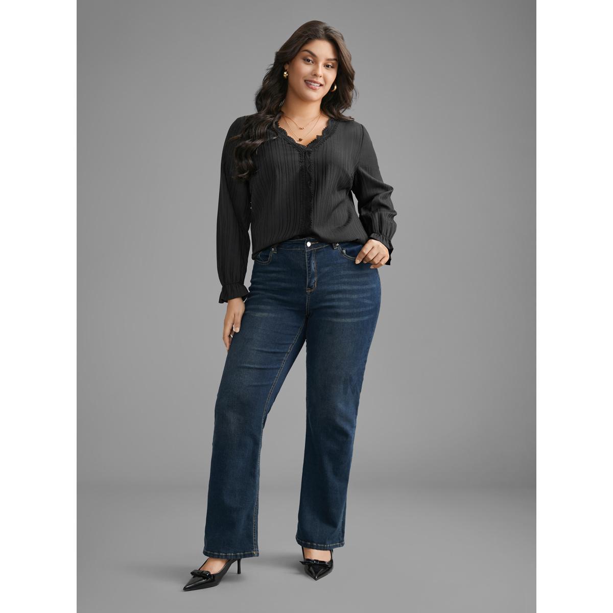 Plus Size Black Textured Lace Patchwork Pleated Blouse Women Elegant Long Sleeve V-neck Everyday Blouses BloomChic 30/6X Product Image