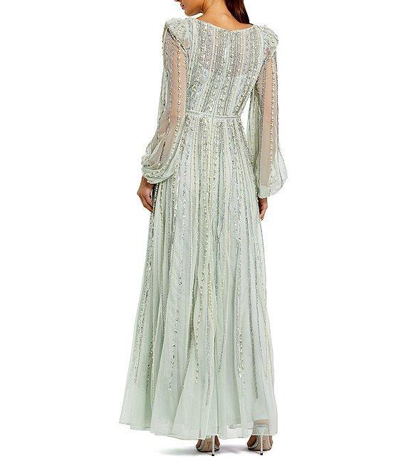 Mac Duggal Embellished Mesh Striped Beaded Boat Neck Long Sleeve Gown Product Image