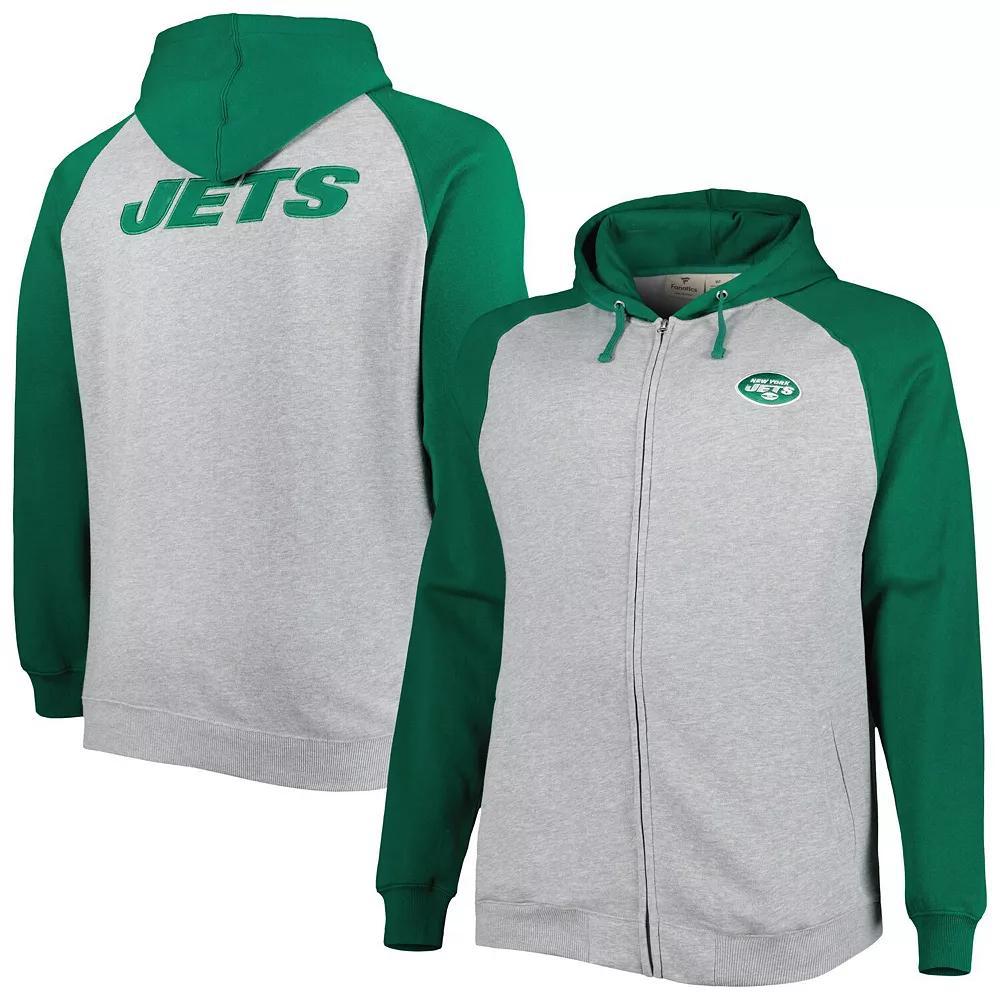 Men's Heather Gray New York Jets Big & Tall Fleece Raglan Full-Zip Hoodie Jacket, Size: 2XB, Grey Product Image