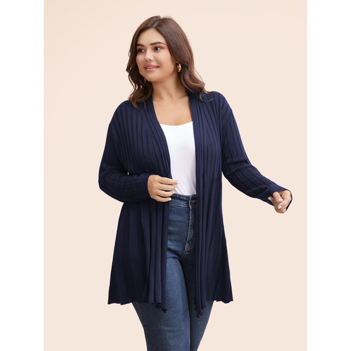 Plus Size Plain Textured Kimono Collar Cardigan Black Women Casual Loose Long Sleeve Everyday Cardigans BloomChic 12/L Product Image