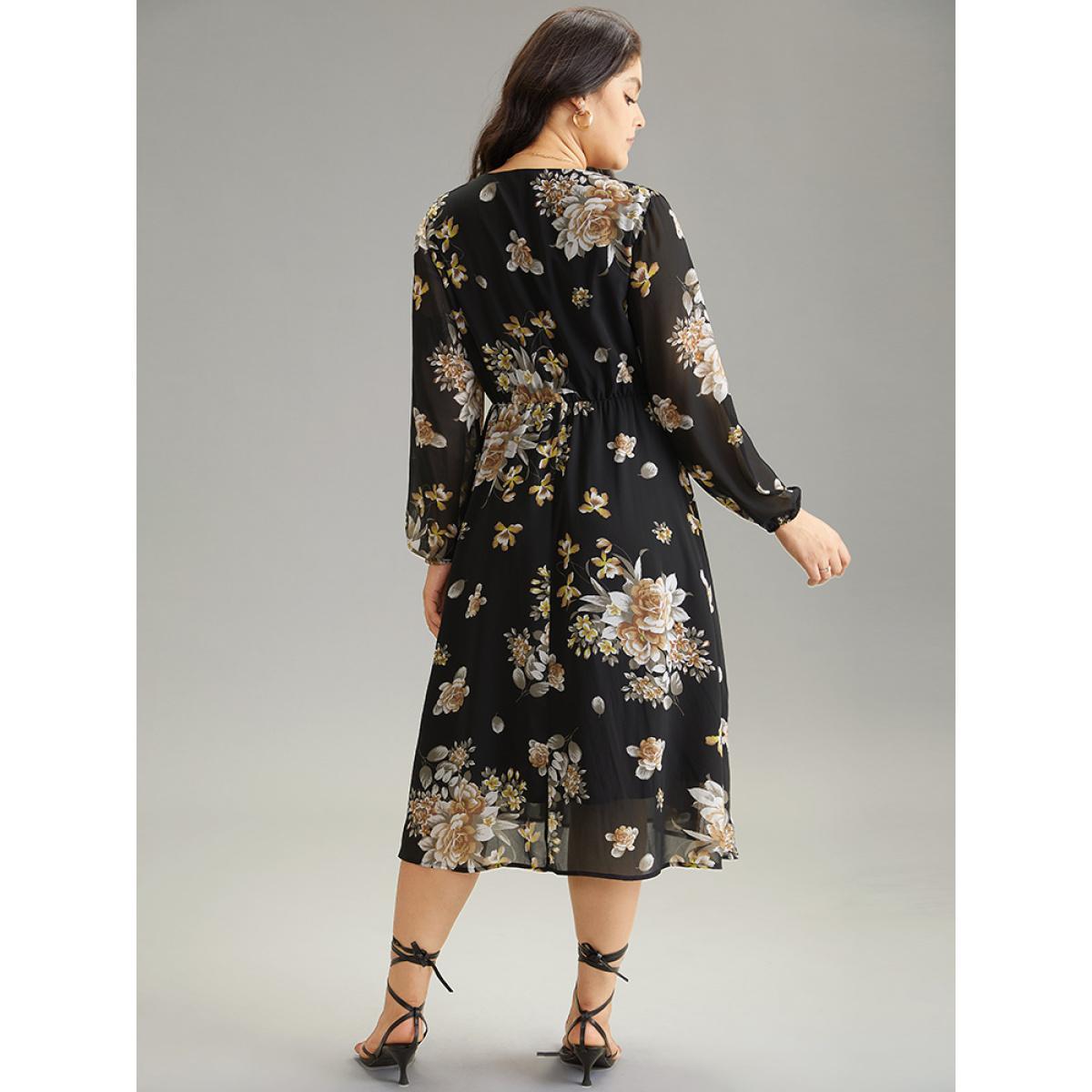 Plus Size Chiffon Floral Print Pocket Mesh Dress Black Women Elegant Elastic cuffs V-neck Long Sleeve Curvy Midi Dress BloomChic 12/L Product Image