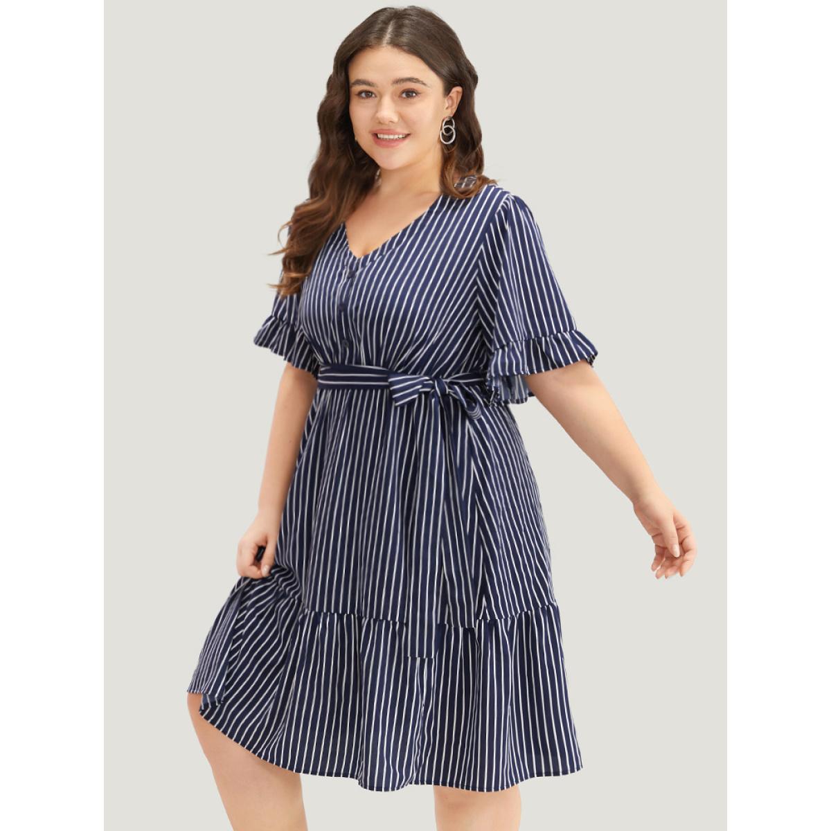 Plus Size Striped Belted Button Detail Flutter Sleeve Dress DarkBlue Women Casual Belted V-neck Short sleeve Curvy Midi Dress BloomChic 22-24/3X Product Image