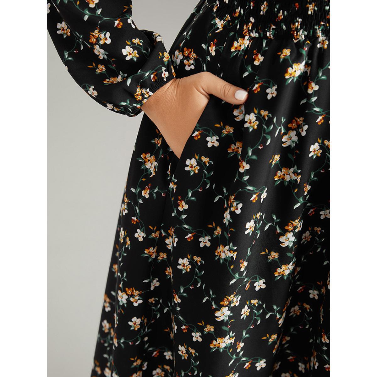Plus Size Ditsy Floral Frill Trim Shirred Dress Black Women Elegant Elastic cuffs Mock Neck Long Sleeve Curvy Midi Dress BloomChic 18-20/2X Product Image
