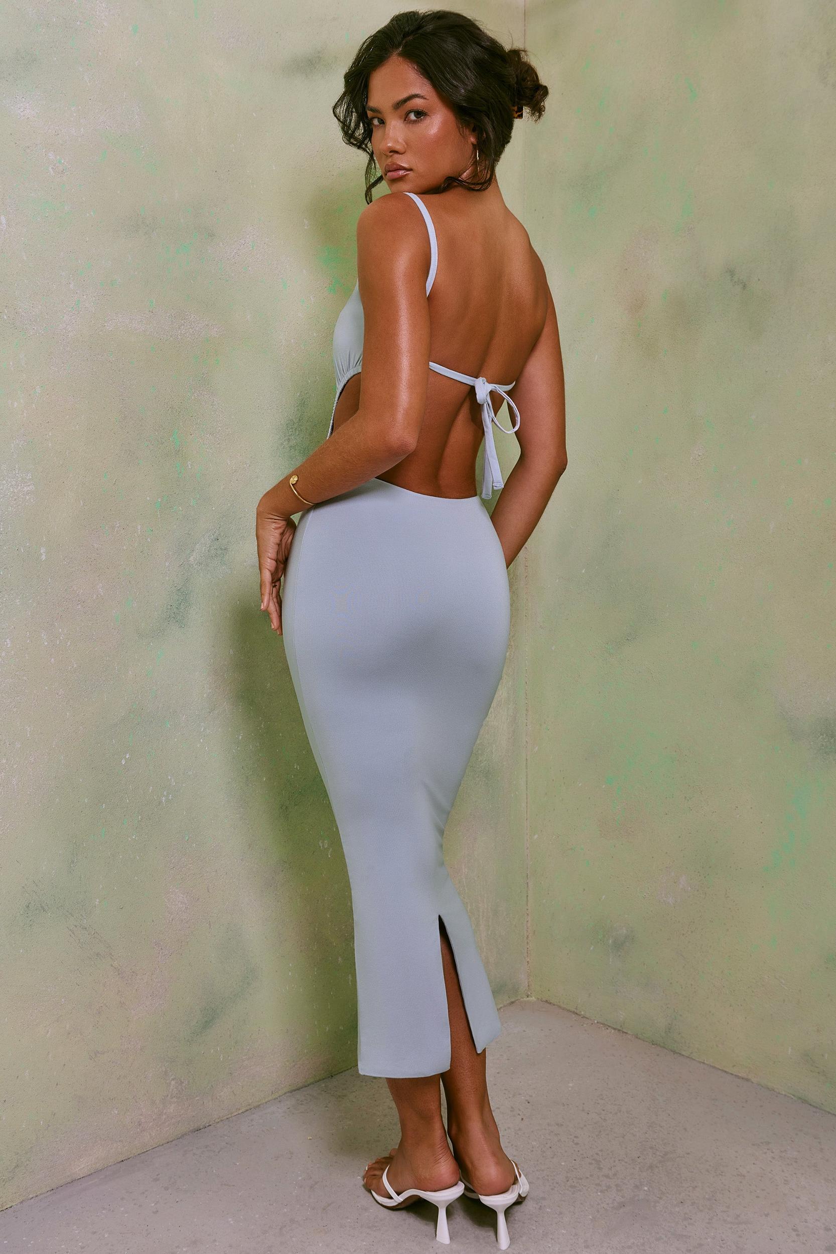 Ruched Cut Out Midi Dress in Sky Grey Product Image
